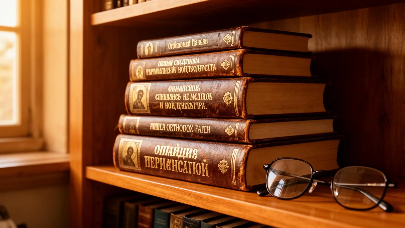Stack of theology and spiritual books on a wooden shelf