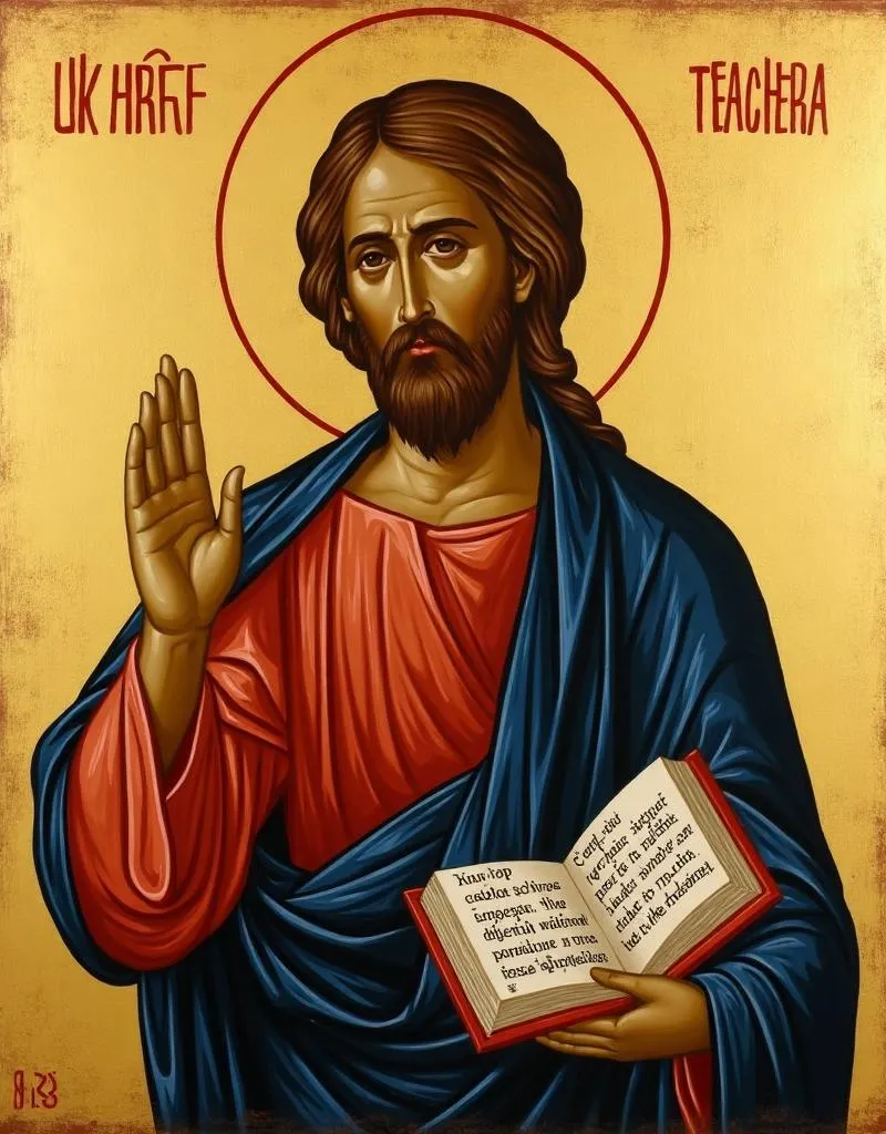 Christ the Teacher — holding an open Gospel book with a teaching gesture