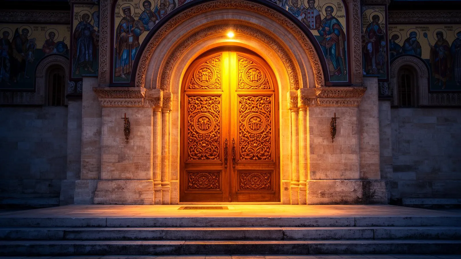 Orthodox church entrance with ornate wooden doors and stone archway