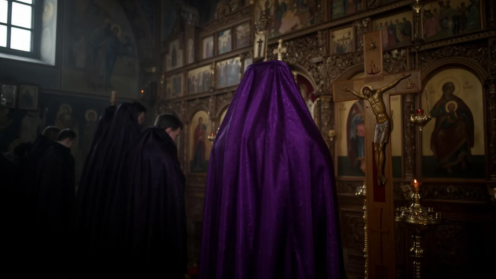 Orthodox church interior draped in purple vestments during Great Lent