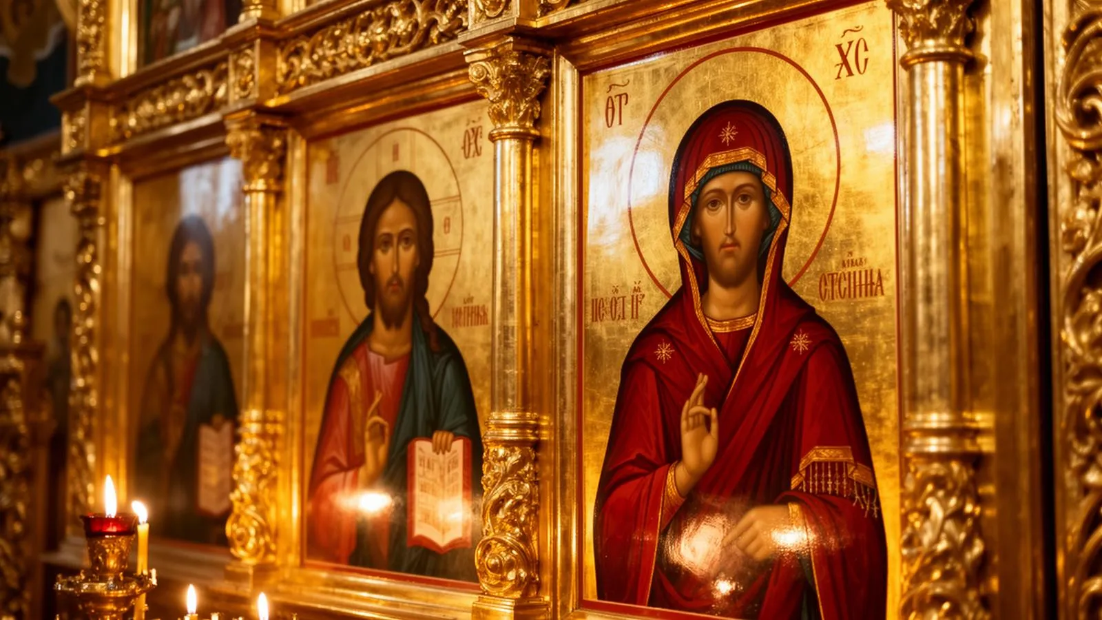 Orthodox icons on a golden iconostasis