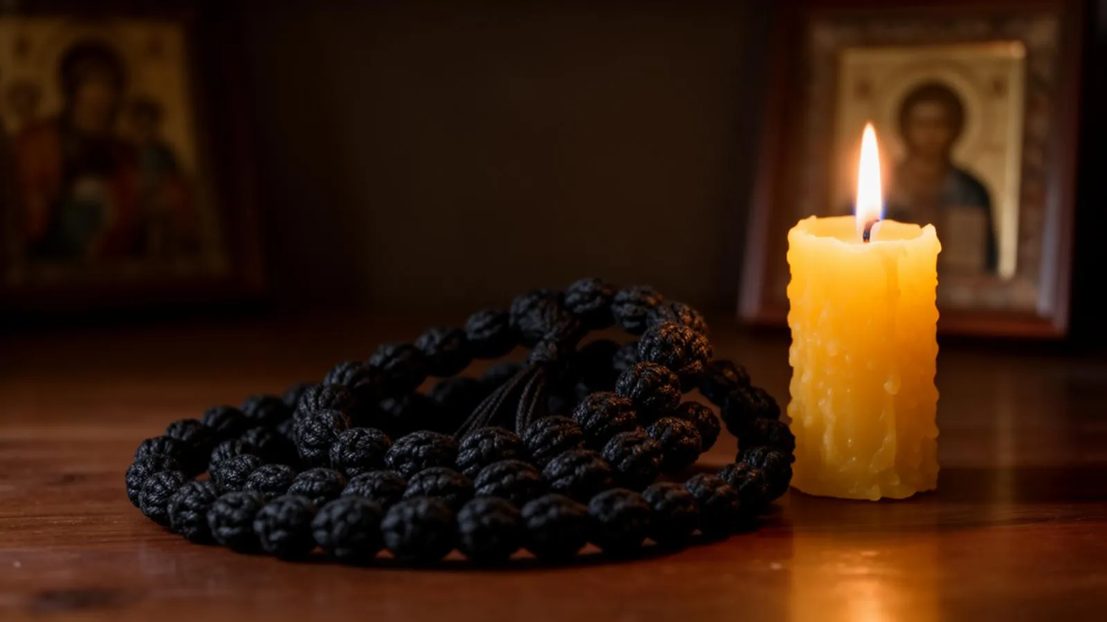 Prayer beads and a candle in soft candlelight