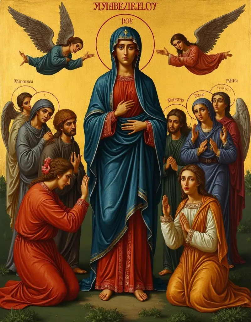 Joy of All Who Sorrow icon — the Theotokos surrounded by the suffering, extending protection