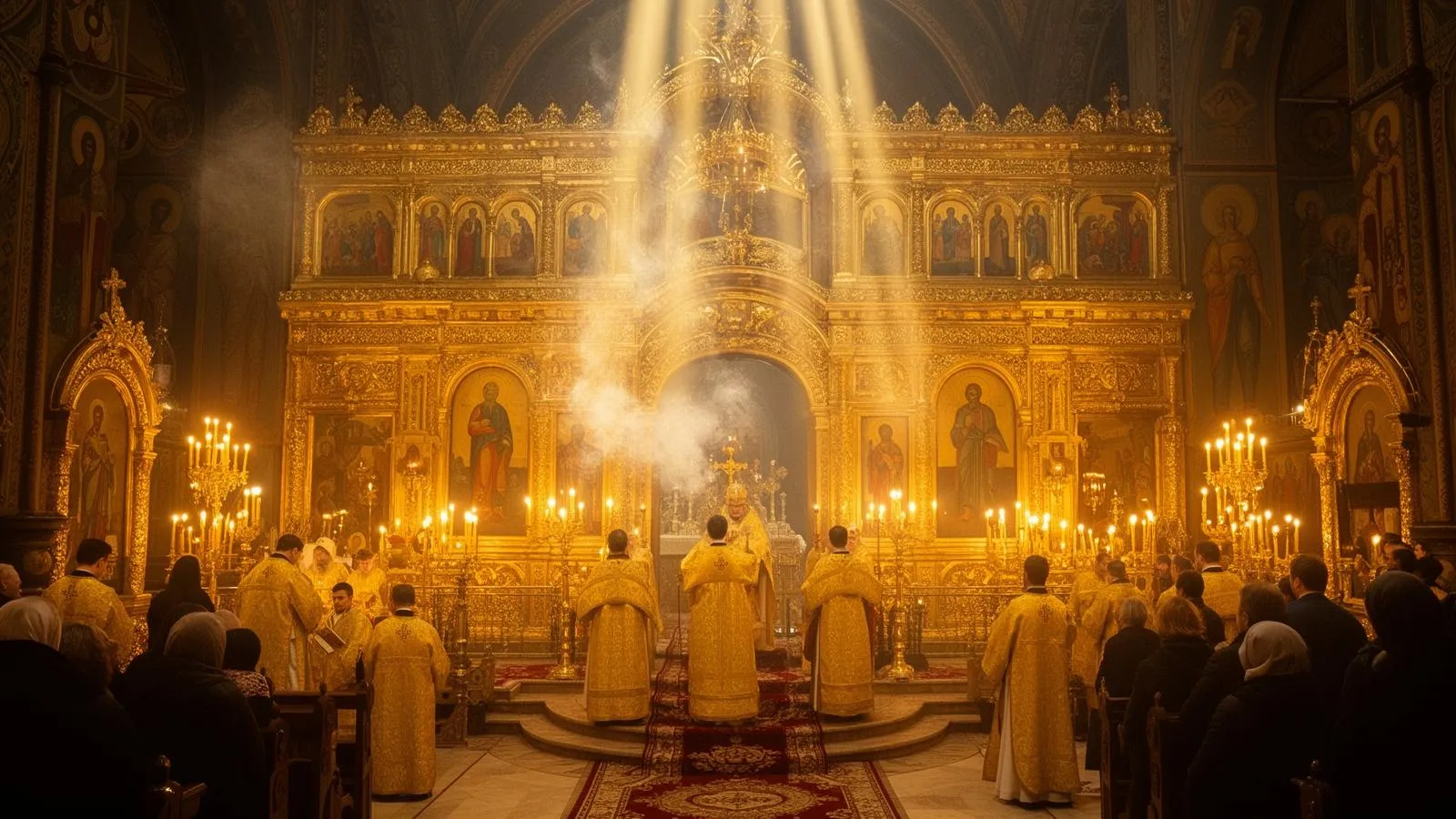Interior of an Orthodox church during Divine Liturgy with golden light