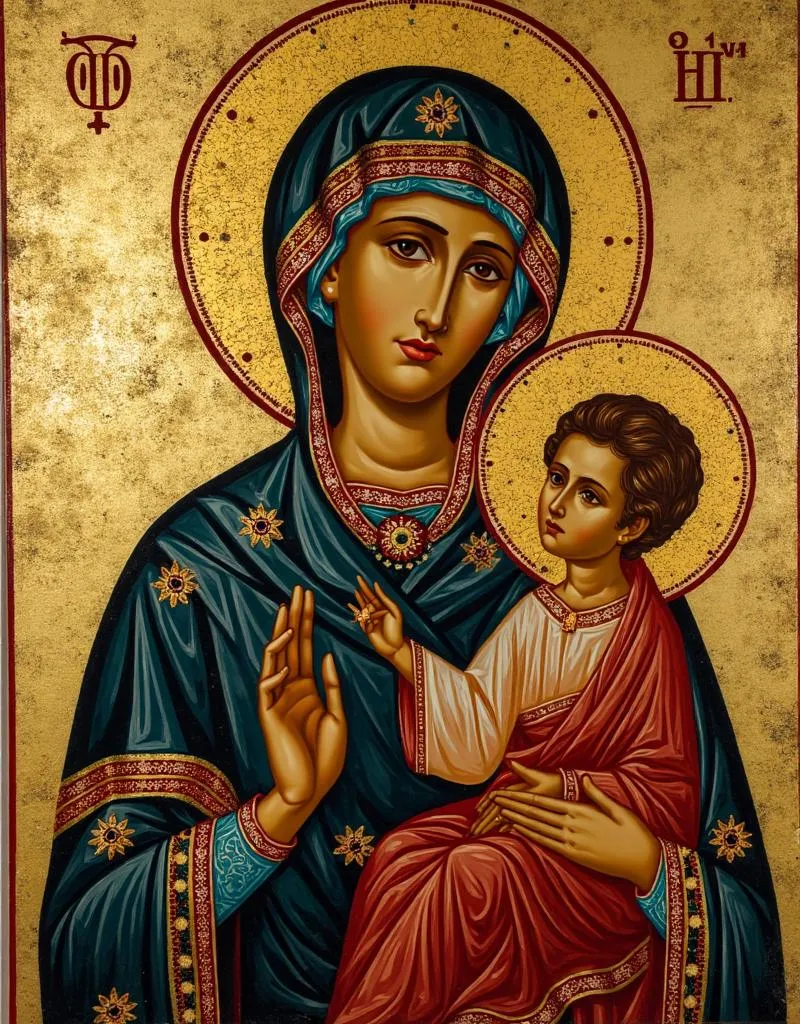 Platytera — the Theotokos with arms raised in prayer, Christ Child in a medallion on her chest