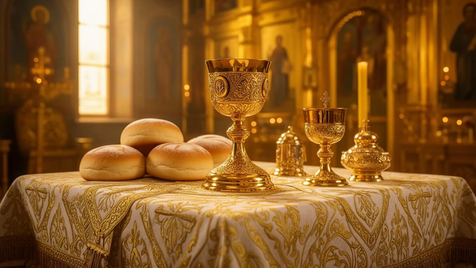 Golden chalice and liturgical vessels on an altar