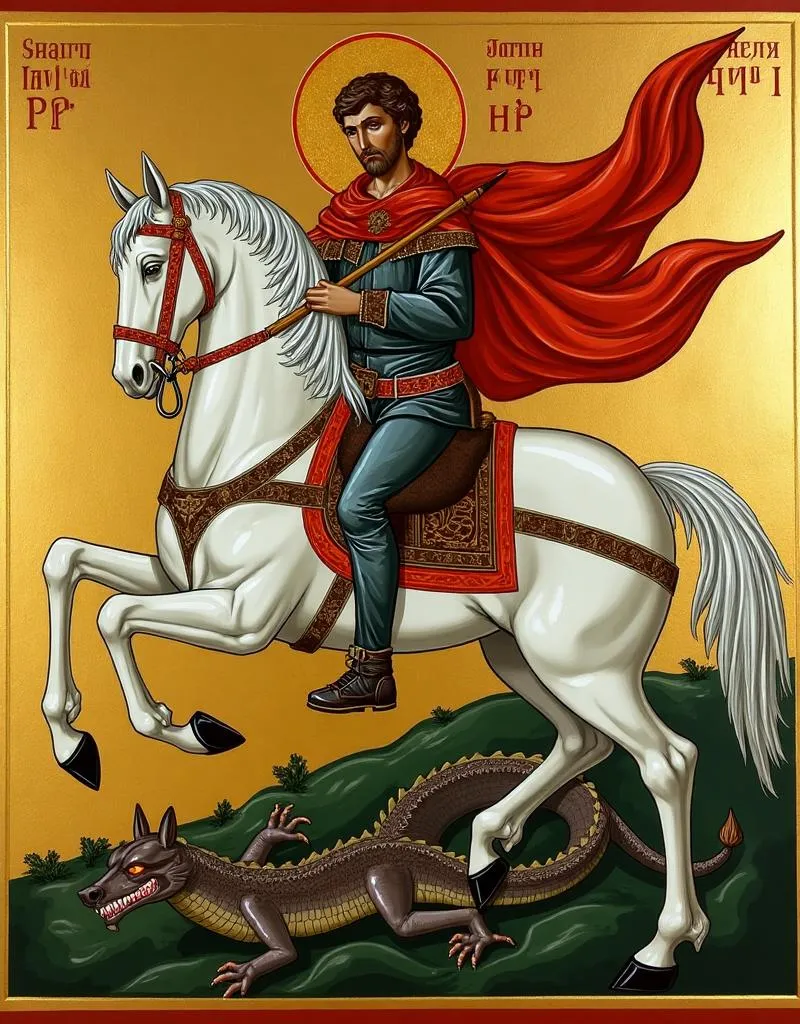 St. George on a white horse slaying the dragon — a Novgorod school icon