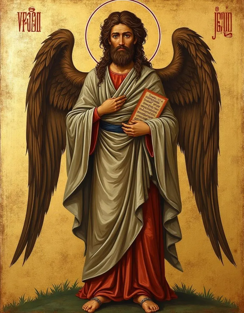 St. John the Baptist (Forerunner) with wings and a scroll proclaiming repentance