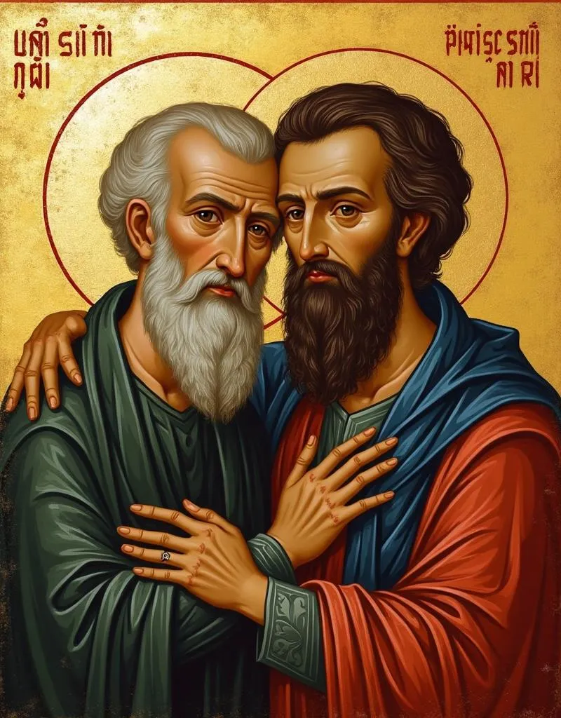 Sts. Peter and Paul embracing — the two chief apostles symbolizing Church unity