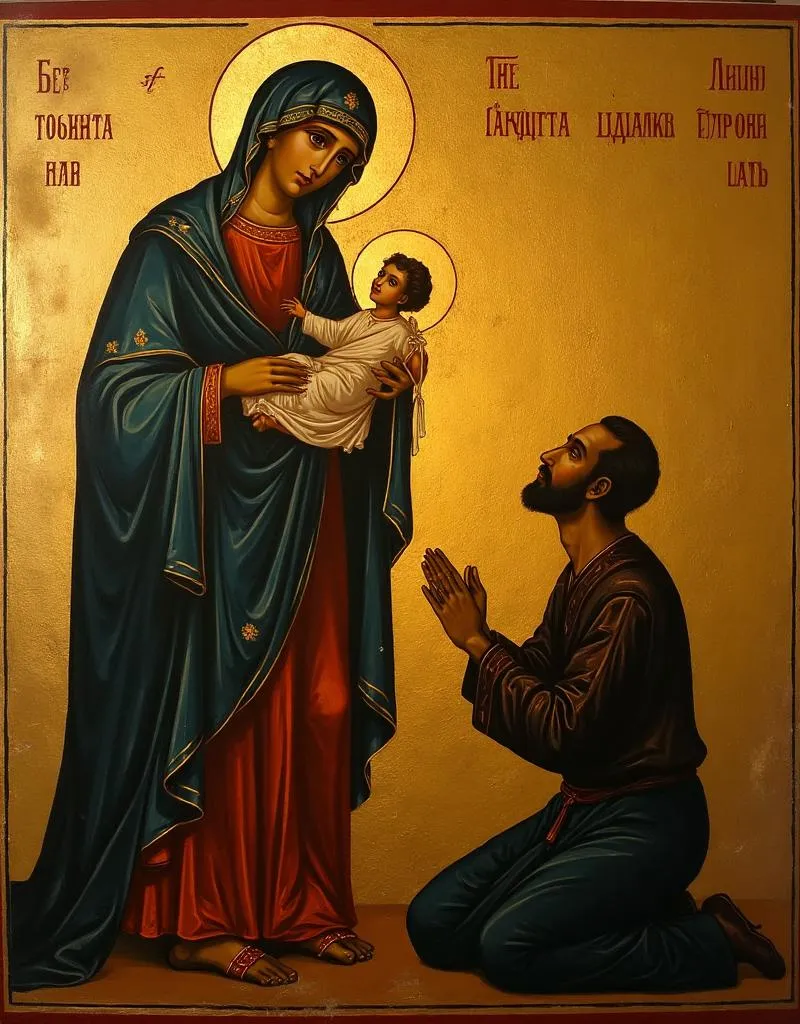 Unexpected Joy icon — a sinner kneeling before an icon of the Theotokos in repentance