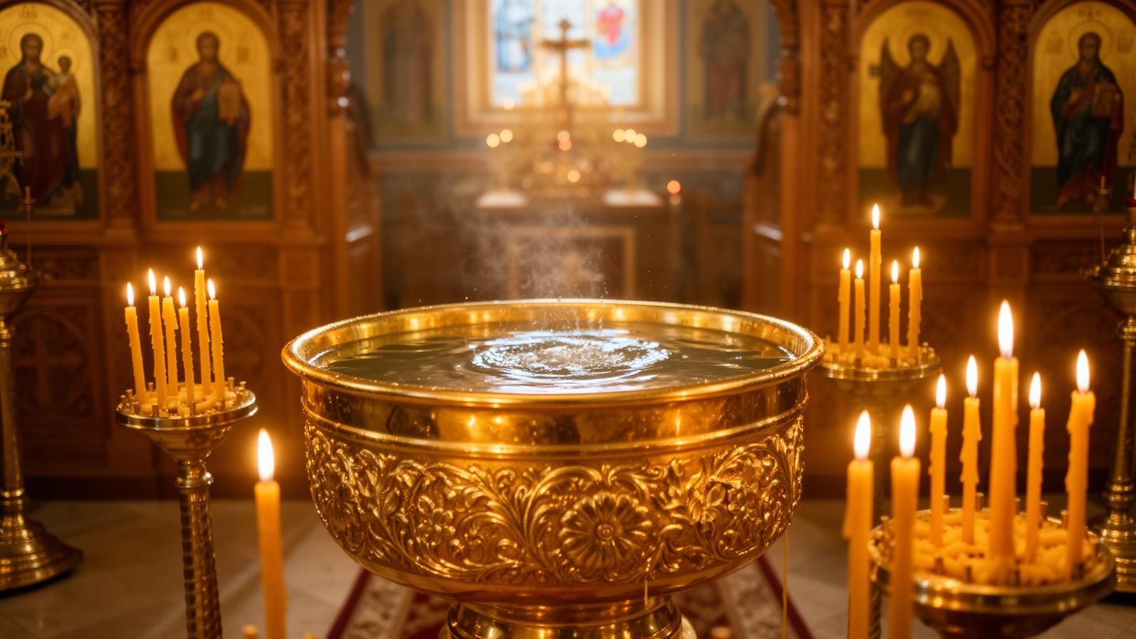 Baptismal font with candles inside an Orthodox church