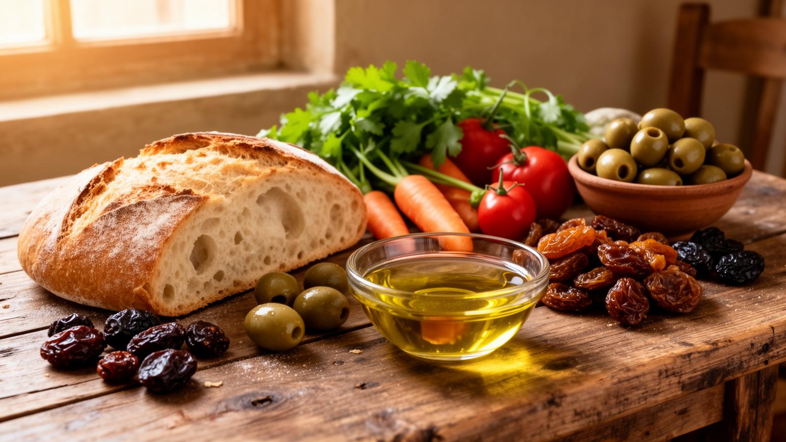 Simple bread and vegetables on a wooden table representing fasting meals