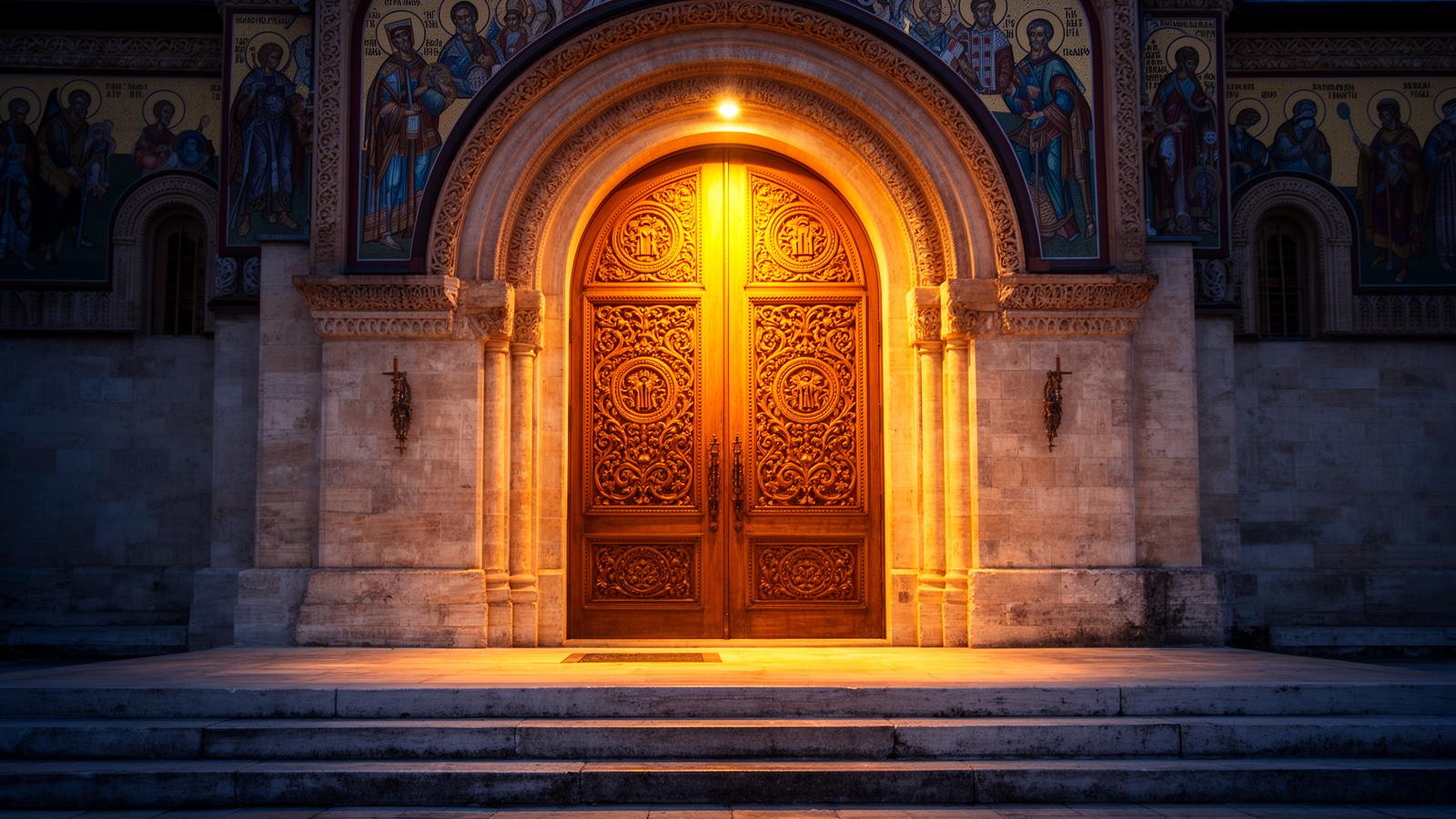 Orthodox church entrance with ornate wooden doors and stone archway